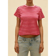 Ingvn  Women's Aesthetic Striped Print Crew Neck Baby Tee Y2k Cute Graphic Short Sleeve Slim Fitted Going Out Crop Top Shirt