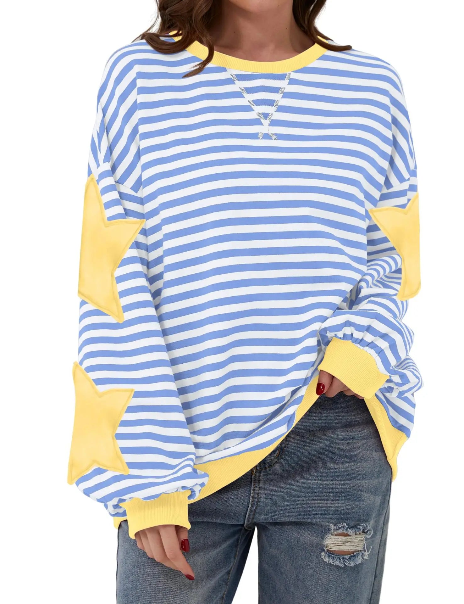 Ingvn - Women Casual Striped Sweatshirt Spring Star Patchwork Round Neck Long Sleeve Loose Pullover Daily Wear