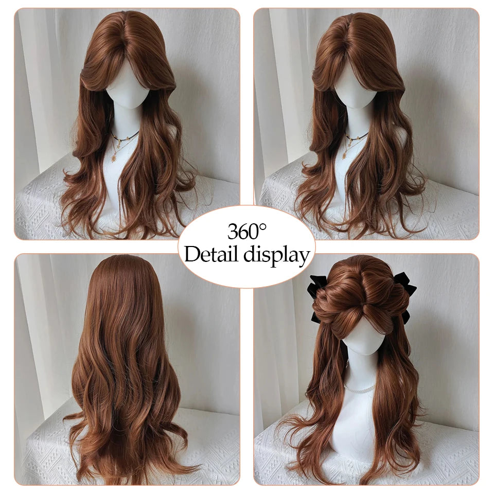 Ingvn  Long Wavy Brown Wig with Middle Part Bangs Synthetic Natural Cosplay Cute Wig Halloween Costume Lolita Wig for Women