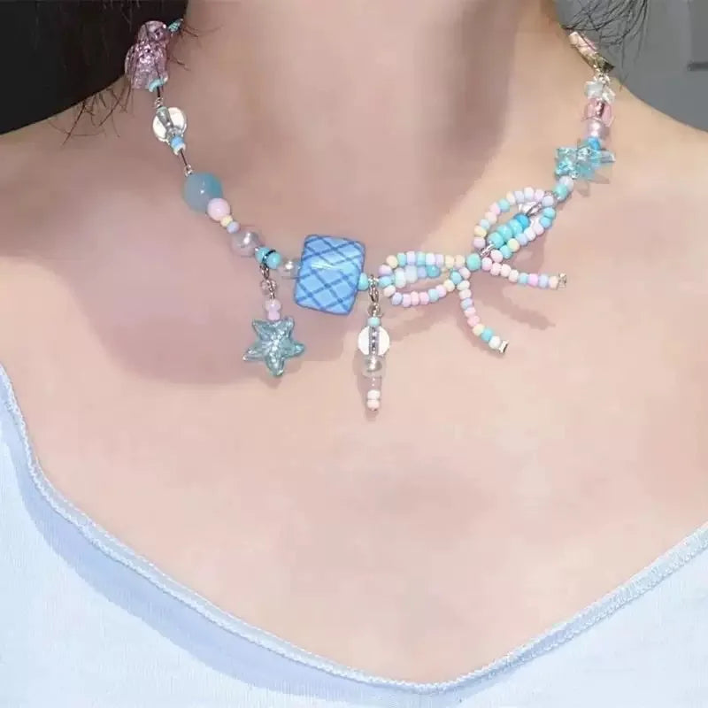 Ingvn  Summer Colored Beaded Bow Flower chkoer Necklace for Girls' Aesthetic Party Jewelry y2k