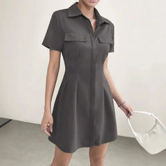 Ingvn  Women's Lapel Collar Pleated Waist Short Sleeve Shirt Dress Casual Solid Mini Dress