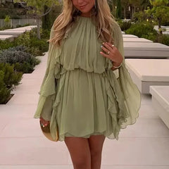 Ingvn  Solid Minimalist Mini Dresses For Women Round Neck Long Sleeve High Waist Elegant Dress Female Fashion New Style