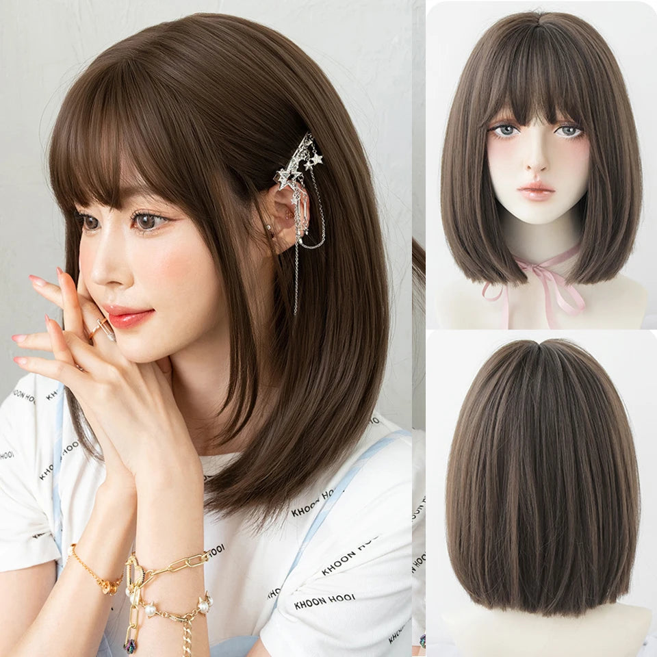 Ingvn  ﻿ Short Brown Straight Synthetic Wig with Bangs Curly Hair Pink Green Lolita Wigs for Women Daily Party Cosplay Christmas Wig