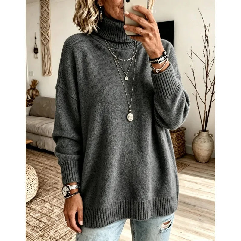 Ingvn - Women Turtleneck Knit Sweater Loose Long Sleeve Pullover Thick Autumn Winter Base Layer Top