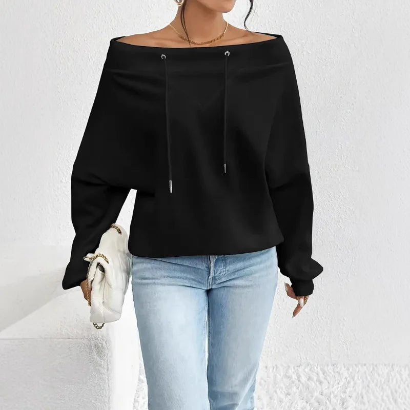 Ingvn - Women's Royal Blue Off-the-shoulder Boat Neck Sweatshirt Long Sleeve Drawstring Design Casual Fashion Loose Pullover