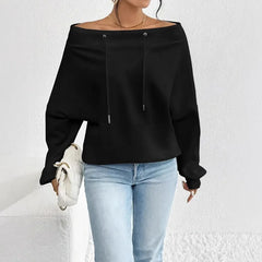 Ingvn - Women's Royal Blue Off-the-shoulder Boat Neck Sweatshirt Long Sleeve Drawstring Design Casual Fashion Loose Pullover