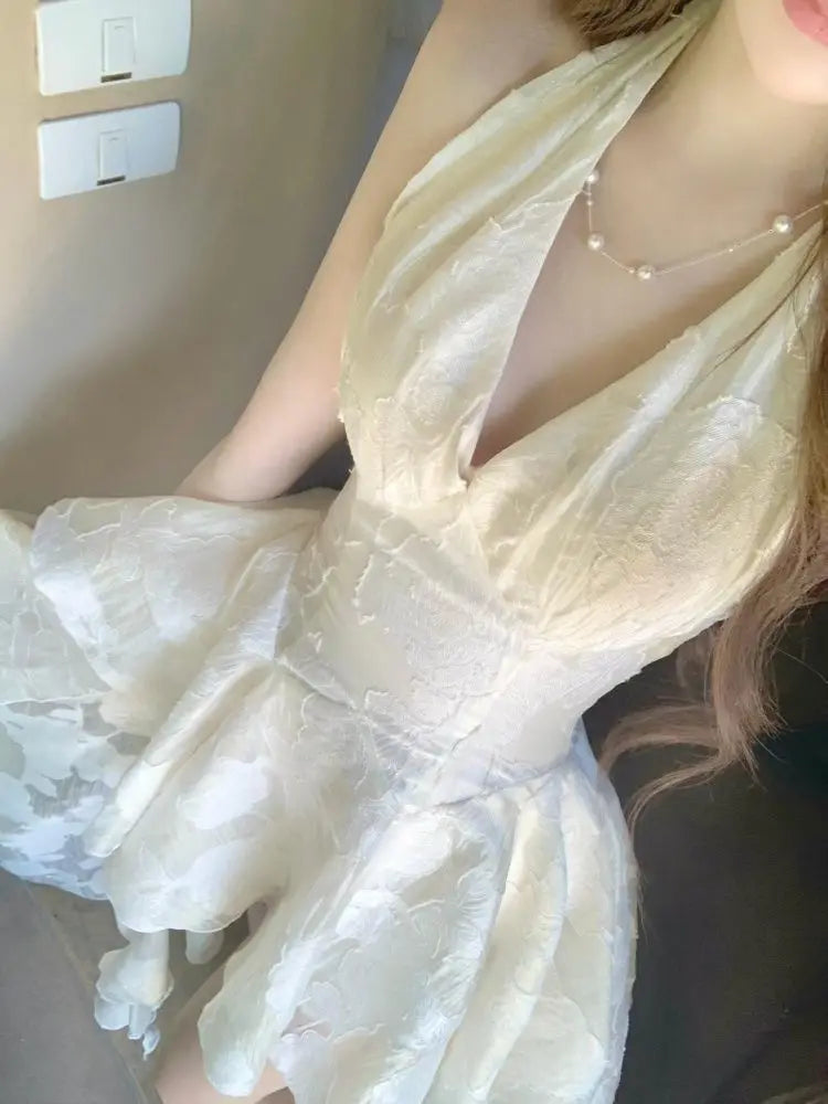 Ingvn  French Elegant Irregular Sleeveless Dress Woman Harajuku Vintage Solid Lace Dress Korean Fashion Short Party Dress Chic