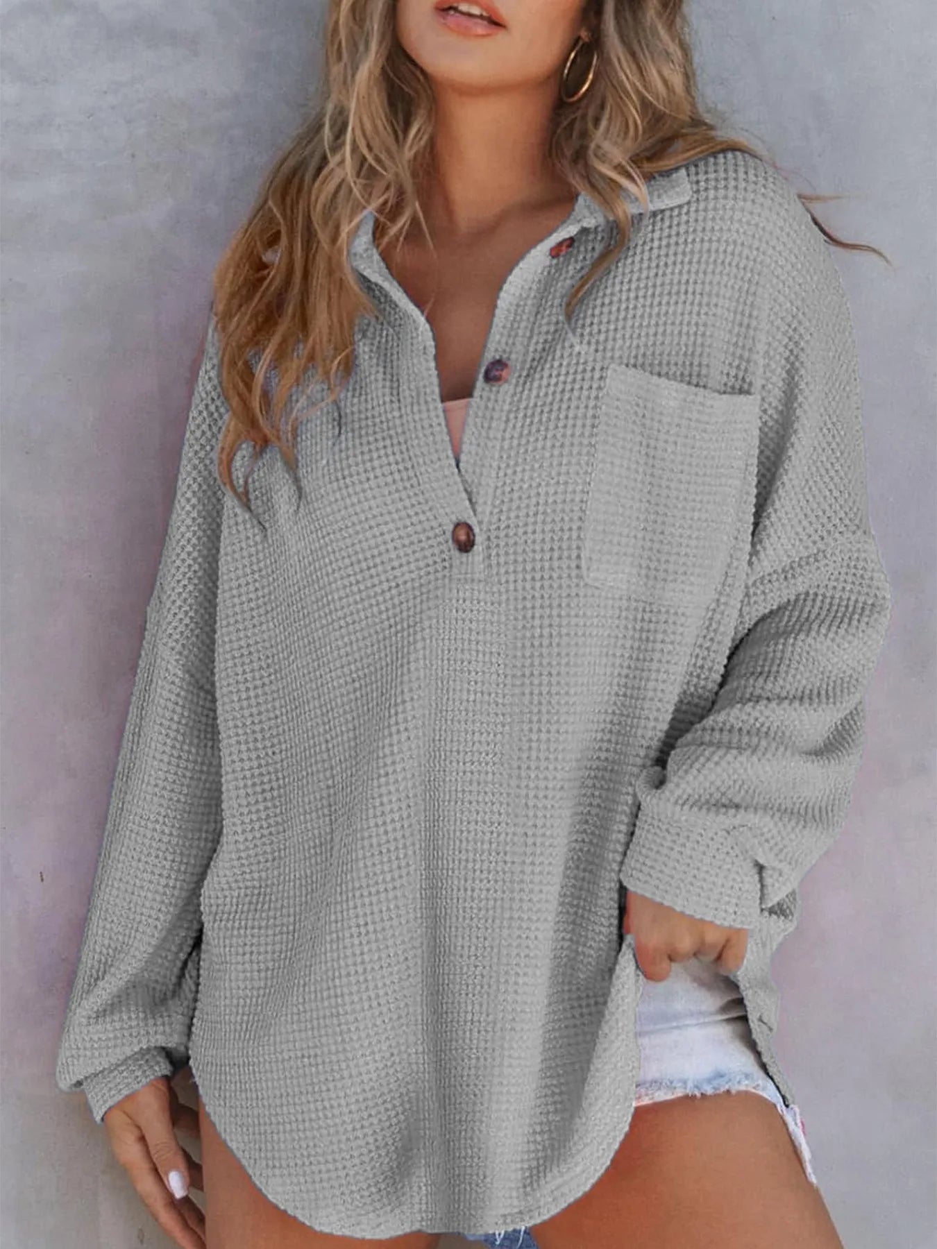 Ingvn  Spring Summer Women's Clothing Short Sleeve Waffle Knit Casual Wear Regular Fit Polyester Button Up Shirt For Ladies