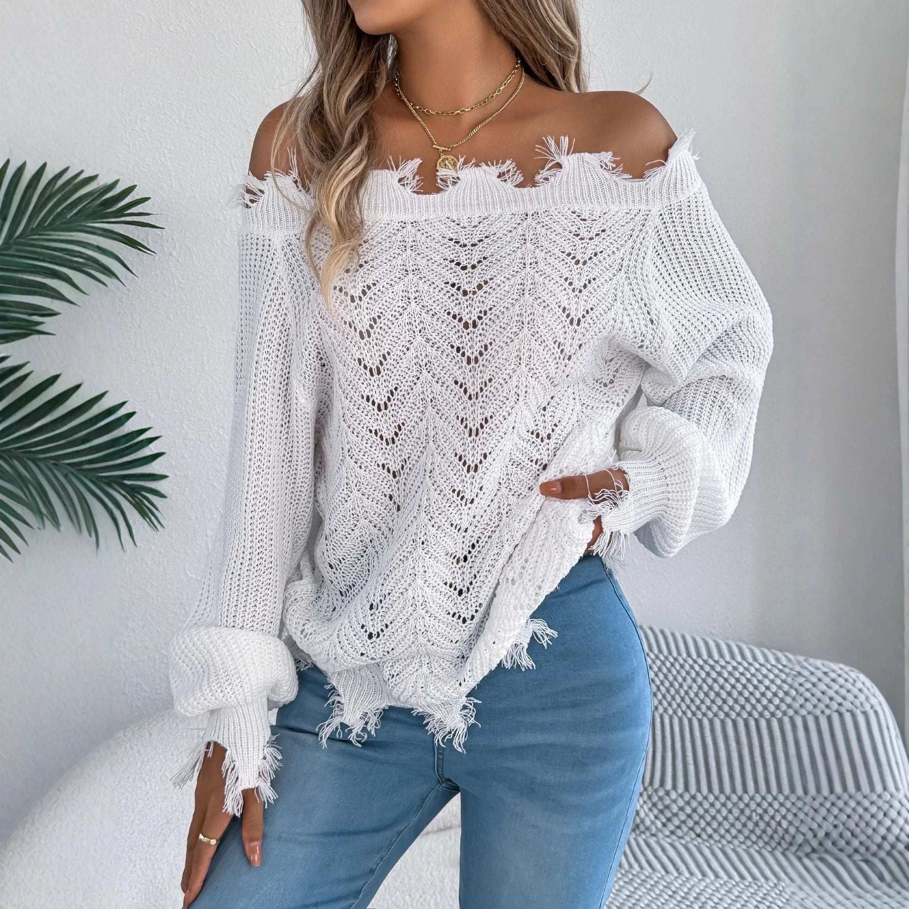 Ingvn  Autumn Winter Women's Clothing Solid Off Shoulder Long Sleeve Pullover Sweater Streetwear Knitwear For Woman Acrylic Regular