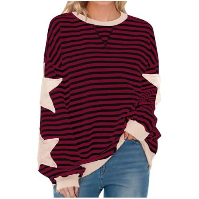 Ingvn - Women Casual Striped Sweatshirt Spring Star Patchwork Round Neck Long Sleeve Loose Pullover Daily Wear