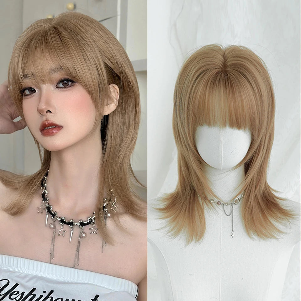 Ingvn  ﻿ Short Brown Straight Synthetic Wig with Bangs Curly Hair Pink Green Lolita Wigs for Women Daily Party Cosplay Christmas Wig