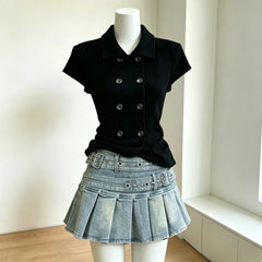 Ingvn  Summer Y2k Denim Skirt Set Vintage Black Tops Harajuku High Street Fashion 90s Sexy A-line Mini Skirt New