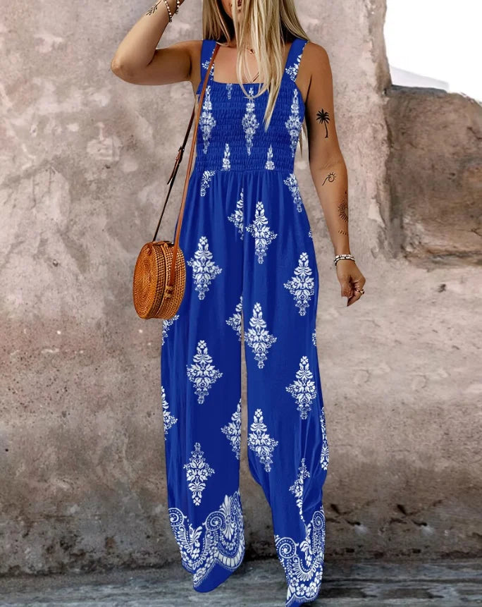 Ingvn  Plus Size New Women Print Sling Sleeveless Jumpsuits Ladies Casual Wide Leg High Waist Casual Loose Rompers