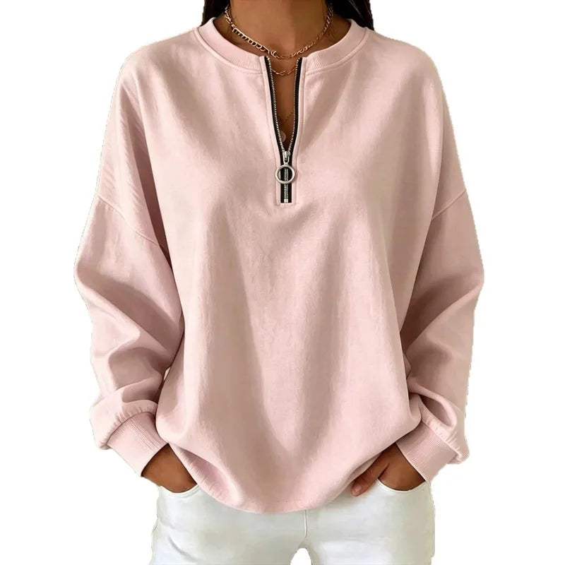Ingvn - Women Round Neck Half Zip Sweatshirt Long Sleeve Loose Pullover Casual Fall Daily Top
