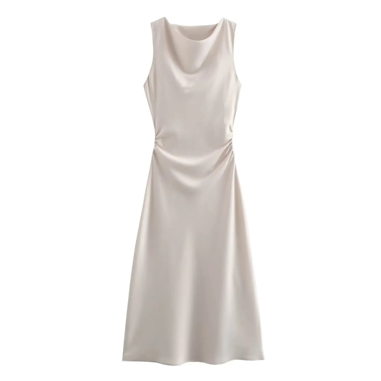 Ingvn  Autumn Satin Texture Sleeveless Midi Dress Round Neck Fashion Evening Dress