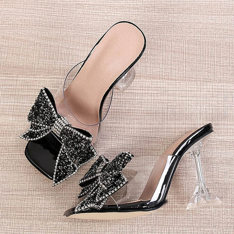Ingvn - New Transparent Slippers For Women Fashion Silver Crystal Bowknot High Heels Female Mules Slides Summer Sandals Shoes