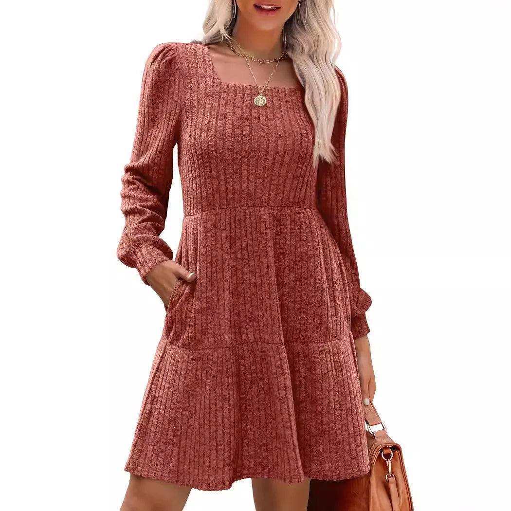 Ingvn  European and American Women's Square Collar Long Sleeve Autumn Dress Casual Baby Sweater
