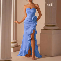Ingvn  French Style Elegant Celebrity Sexy Evening Dress Strapless Sleeveless 3D Flower High Waist Split Irregular Long Dresses Women