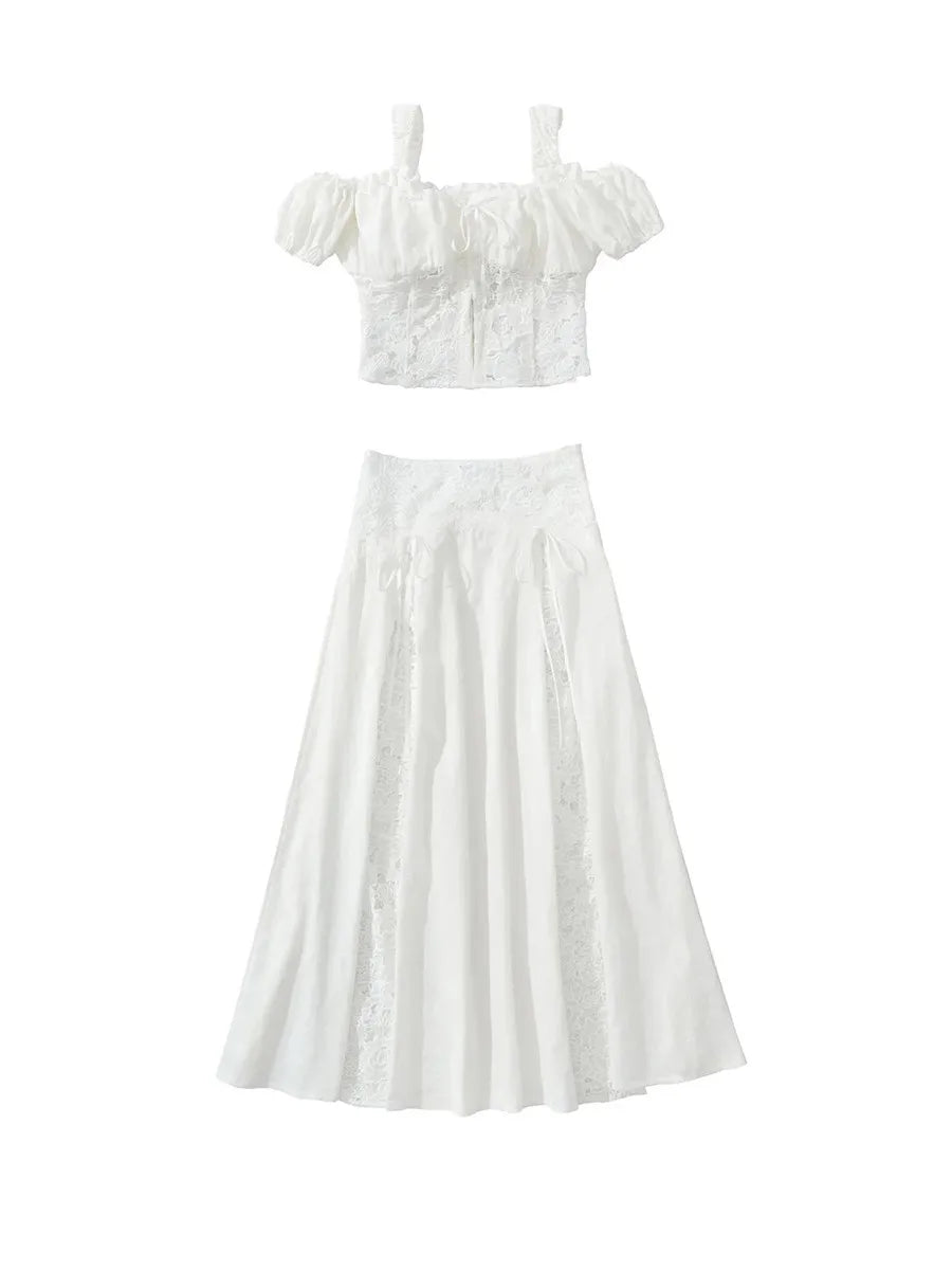 Ingvn   Beach Holiday Skirt Suit for Women Folds Tube Top High Waist Spliced Lace Long Skirt White Two Piece Set Female New