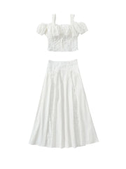 Ingvn   Beach Holiday Skirt Suit for Women Folds Tube Top High Waist Spliced Lace Long Skirt White Two Piece Set Female New