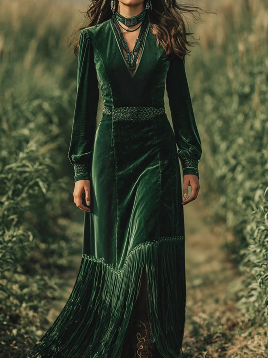 Ingvn  Elegant Women Velvet Dress Fringe Hem Sexy V Neck Long Sleeve Boho High Waist Long Sleeves A-Line Evening Party Maxi Dress