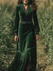 Ingvn  Elegant Women Velvet Dress Fringe Hem Sexy V Neck Long Sleeve Boho High Waist Long Sleeves A-Line Evening Party Maxi Dress