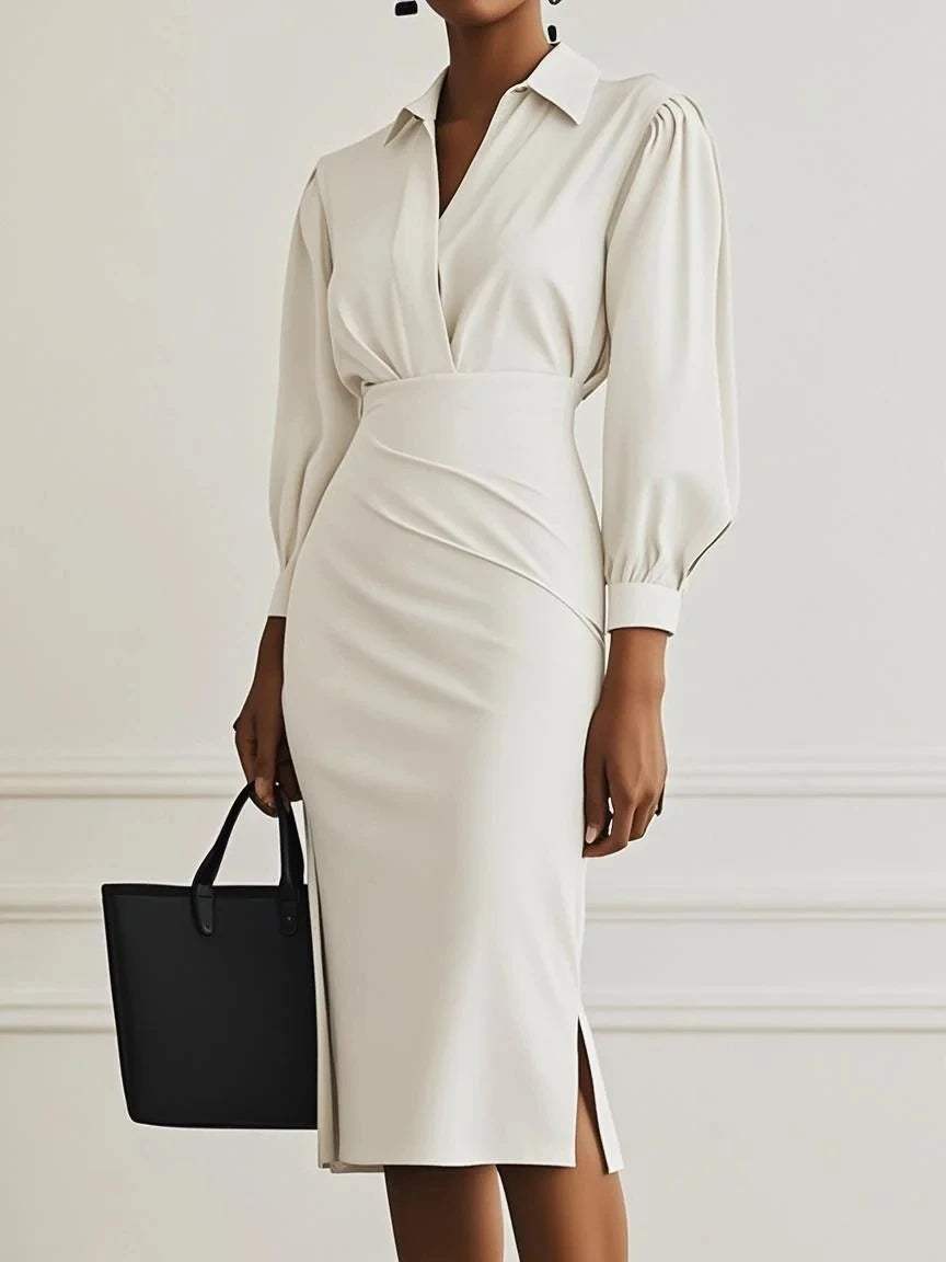 Ingvn  Lady Dress V Neck Long Sleeve White Party Dresses For Women Autumn Midi Dress High Waist Bodycon Dresses