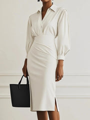 Ingvn  Lady Dress V Neck Long Sleeve White Party Dresses For Women Autumn Midi Dress High Waist Bodycon Dresses