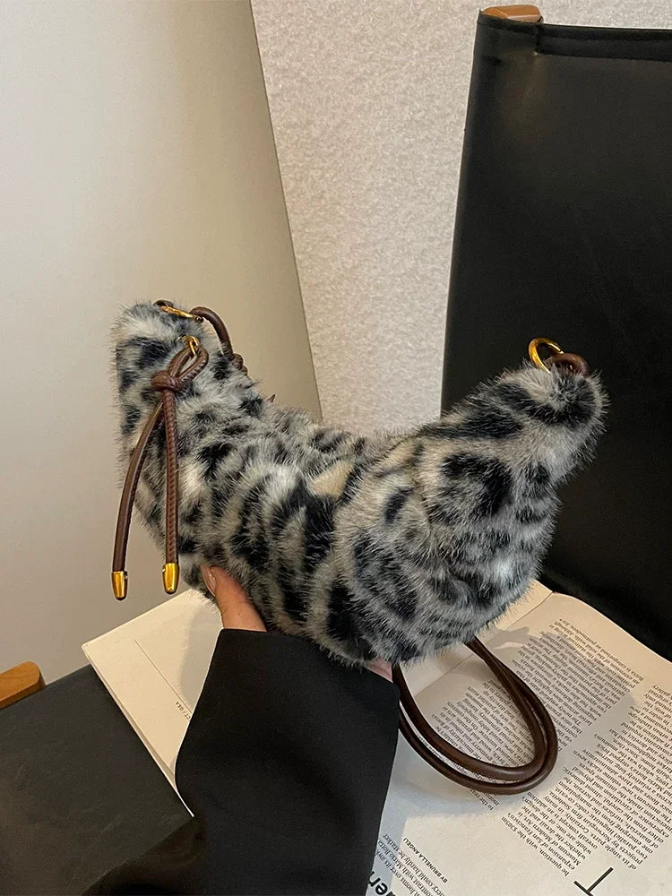 Ingvn - Leopard Plush Bag Faux Fur Bolsas Feminina  Fashion Commuter Bolsa Crossbady Bags for Woman Bolsos Mujer Croissant Sac Femme