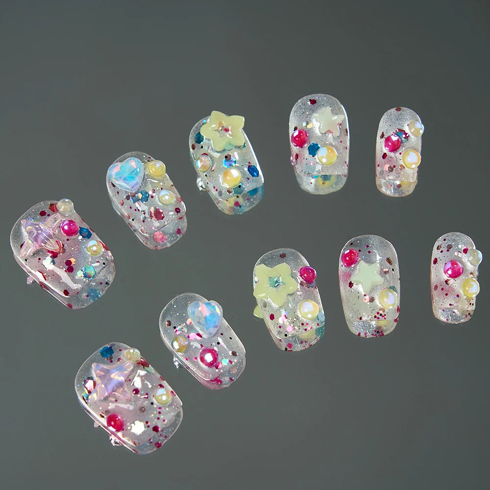 10pcs Handmade Summer Press On Nails Short Fake Nails Ballerina Love Stars Patterned Fake Nail Cute Nail Art Sweet Fake Nails