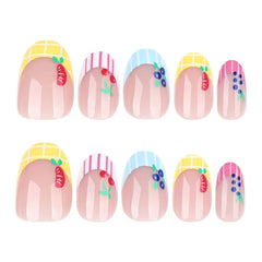 Ingvn  24pcs Women Cute Cartoon Fruit Press on Nails with Tools Beach Short Round Fake Nail for Girls French False Nails with Glue