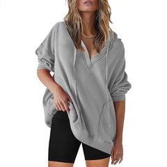 Ingvn - Women Solid Wfle Knit Hoodie V Neck Long Sleeve Loose Casual Pullover Top