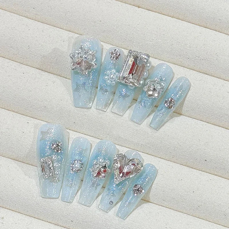 Ingvn  10Pcs Handmade Press on Nails Long Ballet Blue Fake Nails with 3D Ocean Moon Rhinestone Design False Nails Full Cover Nail Tips