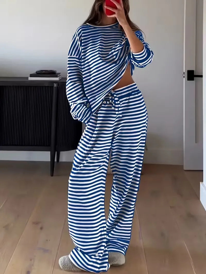 Ingvn - Women's 2 Piece Loungewear Set Red White Stripe Oversized Long Sleeve Top Wide Leg Pants Casual Loose Home Wear Outfit