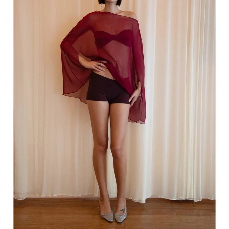Ingvn  Womens Sheer Chiffon Cape Sleeve Top Batwing Boat Neck Loose Flowy See Thru Blouse Bikini Cover Up Vacation Beachwear