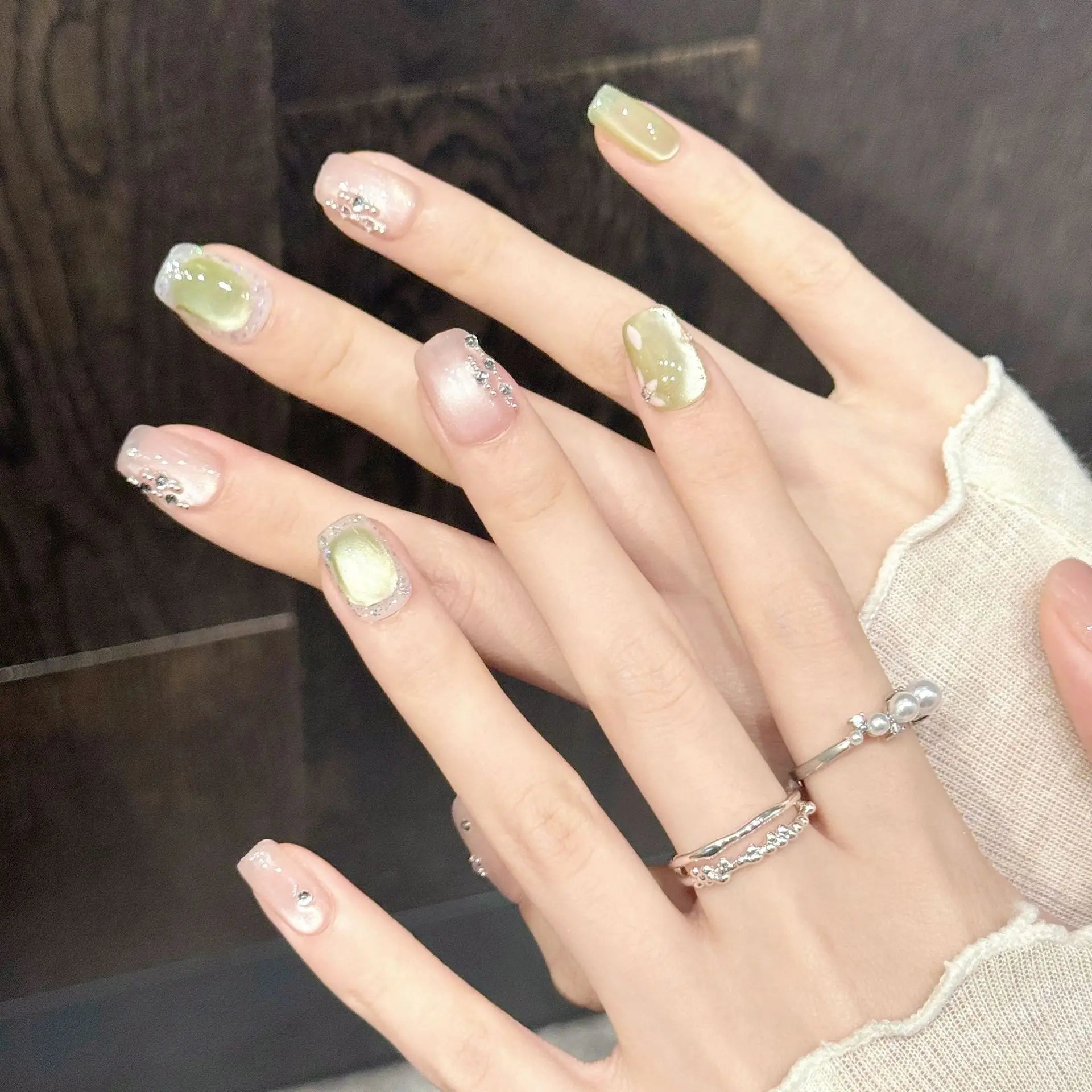 Ingvn  10Pcs Colorful Nail Tips Summer Cat's Eye Glitter Fake Nail Patches Reusable Short Square Head Handmade Press on False Nails