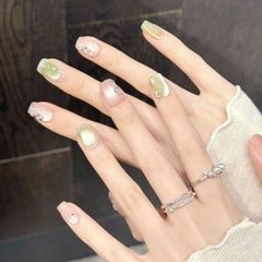 Ingvn  10Pcs Colorful Nail Tips Summer Cat's Eye Glitter Fake Nail Patches Reusable Short Square Head Handmade Press on False Nails