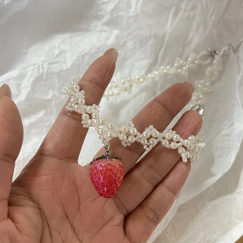 Ingvn  Handmade love necklace, sweet romantic pearl strawberry pendant necklace lovely necklace cute necklace necklace for women y2k