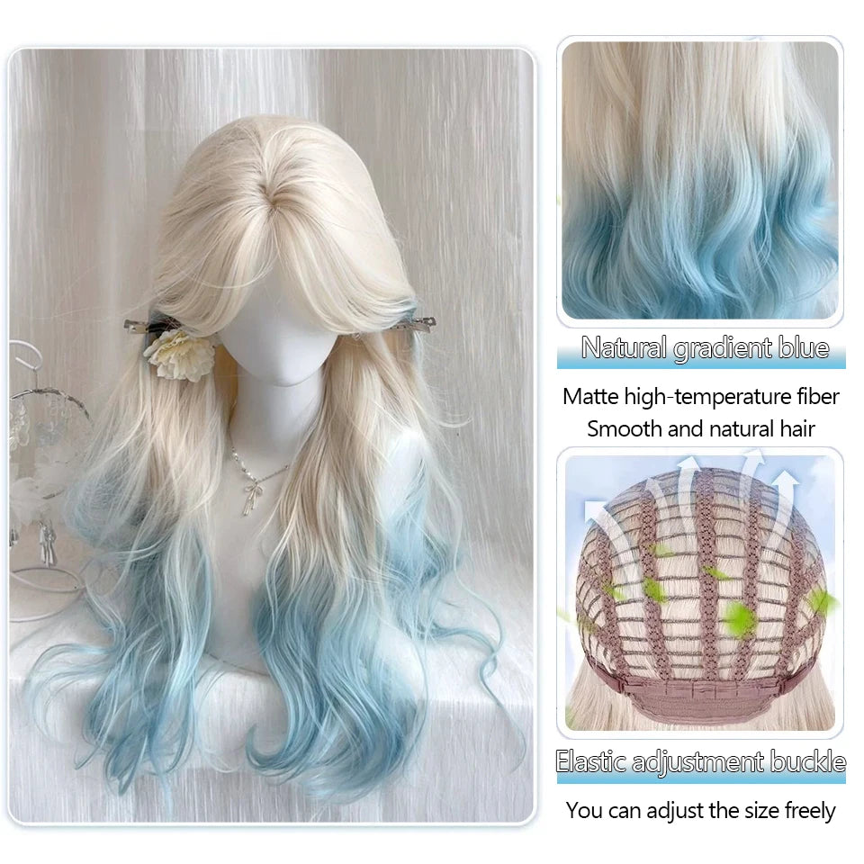 Ingvn - Long Wavy Platinum Gradient Blue Wig Synthetic Pink Green Lolita Wigs for Women Daily Cosplay Wig Halloween Costume Wig