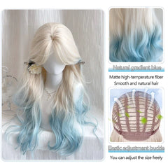 Ingvn - Long Wavy Platinum Gradient Blue Wig Synthetic Pink Green Lolita Wigs for Women Daily Cosplay Wig Halloween Costume Wig