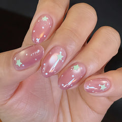 Ingvn  24Pcs Summer Peachy Pink Nail Tips with Star Design Short Round Head Press on Fake Nails Cute Almond Style Wearable False Nails