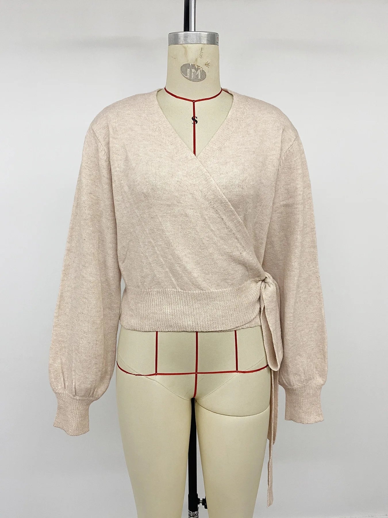 Ingvn - Women Wrap V Neck Knit Sweater Solid Color Tie Side Long Sleeve Lantern Sleeve  Pullover