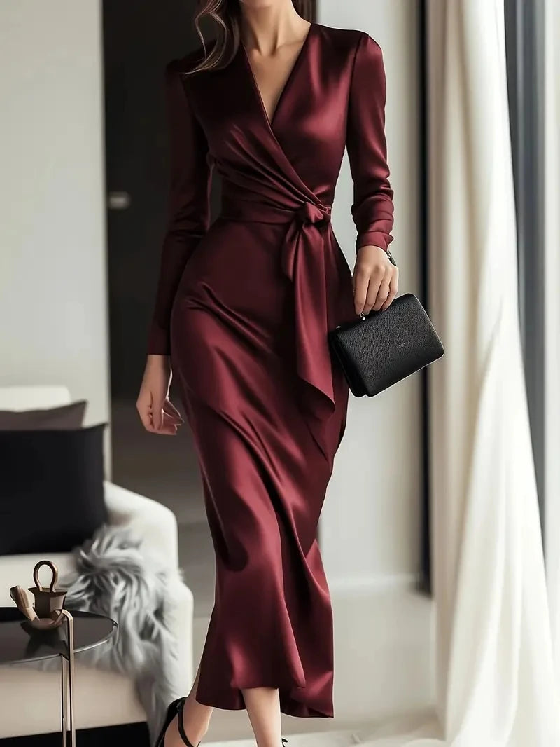 Ingvn  Autumn temperament goddess Hepburn style long-sleeved lace-tight waist dress for women