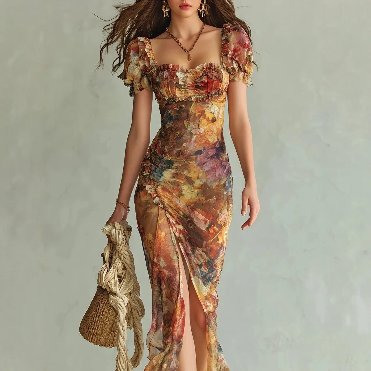 Ingvn  Elegant Short Sleeve Slim Maxi Dress Women Summer Bodycon Floral Print Long Dresses Casual