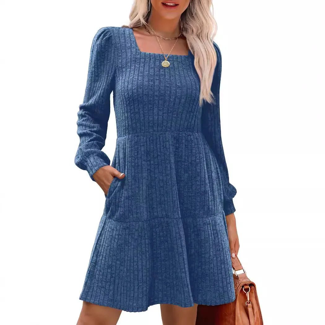 Ingvn  European and American Women's Square Collar Long Sleeve Autumn Dress Casual Baby Sweater