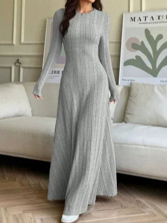 Ingvn - New Autumn And Winter Women's Slim Casual Fit Fashionable Women's Knitted Pit Stripe Solid Color Long Sleeved Round Neck Dress