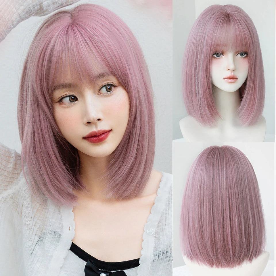 Ingvn  ﻿ Short Brown Straight Synthetic Wig with Bangs Curly Hair Pink Green Lolita Wigs for Women Daily Party Cosplay Christmas Wig