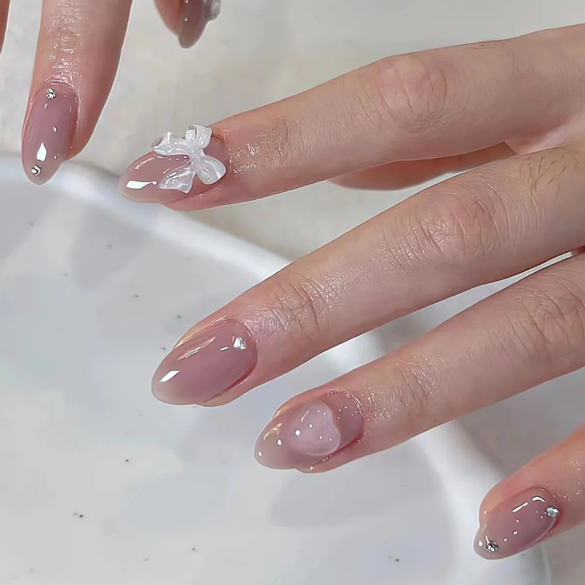 White French Press on Nails 3D Bowknot Designs Nude Color Fake Nails Wearable False Nails Tips for Women DIY Manicure 24Pcs