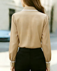 Ingvn  Women Long Sleeve Button Down Blouse Contrast Trim Collar Office Wear Shirt