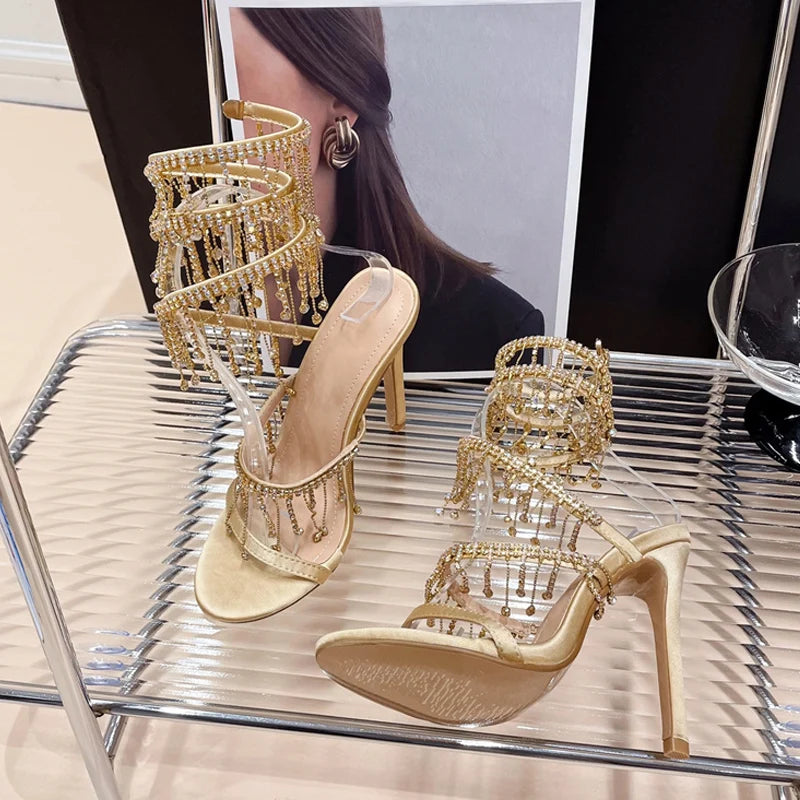 Ingvn  Women Wedding Banquet Shoes Fashion Crystal Tassel Twining Stiletto Sandals Sexy Open Toe Stripper Heels Golden